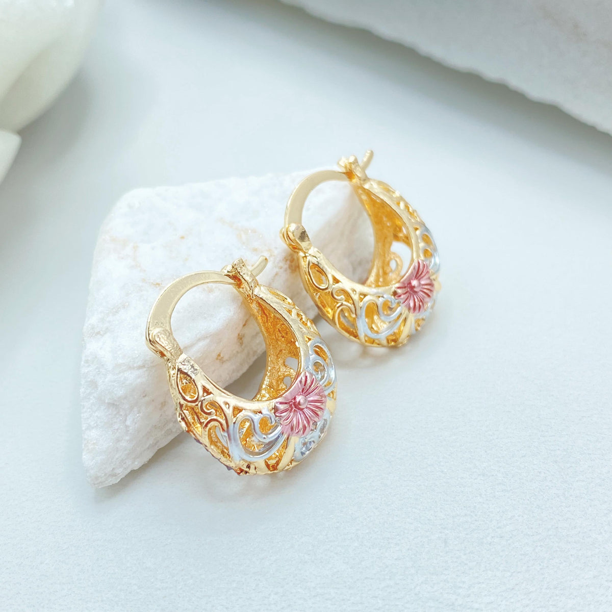 18K Gold Filled Basket Hoop Earrings, Tri Tone Floral Filigree Statement Jewelry
