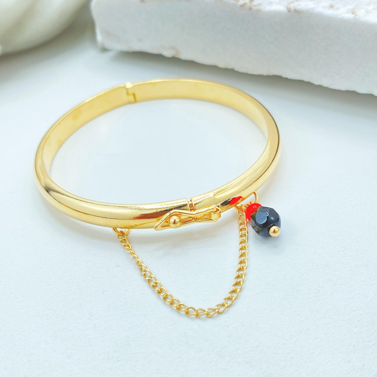 8K Gold Filled Simulated Azabache Bangle, Chain Detail Bracelet in 3 Sizes