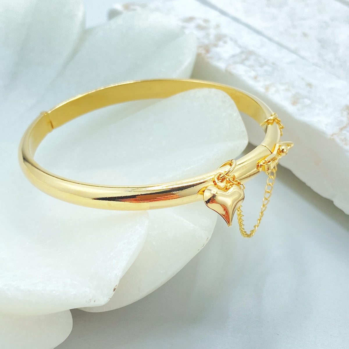 18K Gold Filled Heart Charm Bangle, Chain Detail Bracelet in 3 Sizes