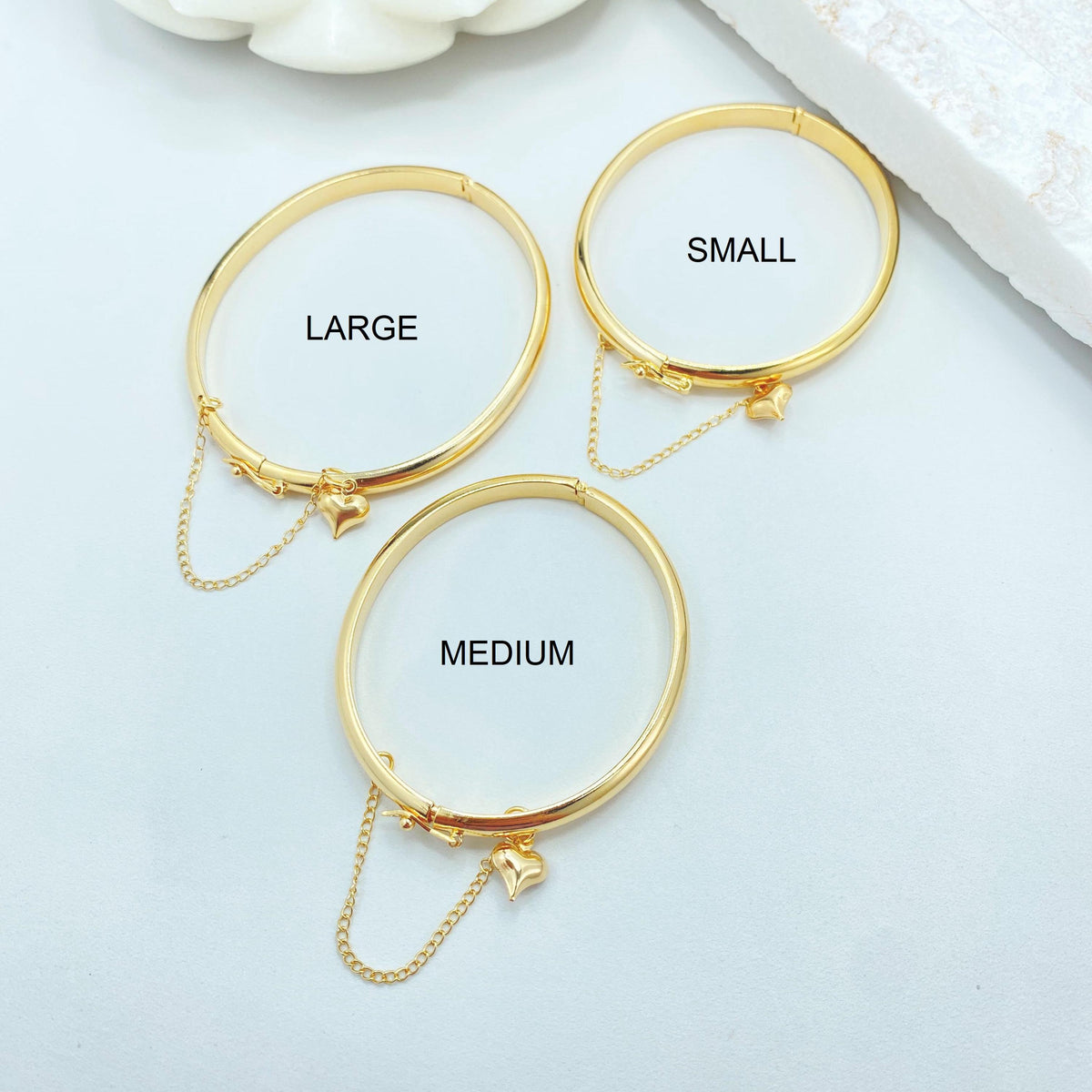 18K Gold Filled Heart Charm Bangle, Chain Detail Bracelet in 3 Sizes