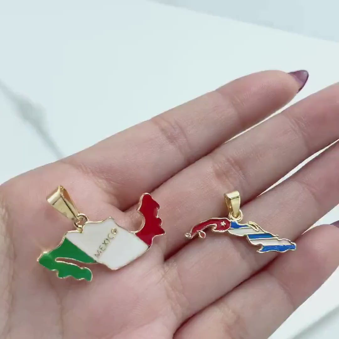 18K Gold Filled Cuba Map Pendant, Enamel Cuban Flag Charm