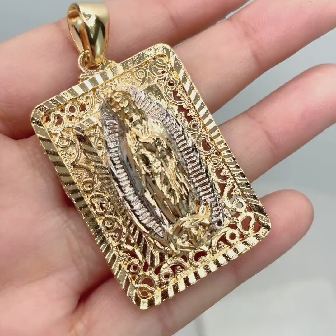 18k Gold Filled Two Tone Virgen De Guadalupe, Our Lady of Guadalupe Square Medal Pendant Charms, Wholesale Jewelry Making Supplies
