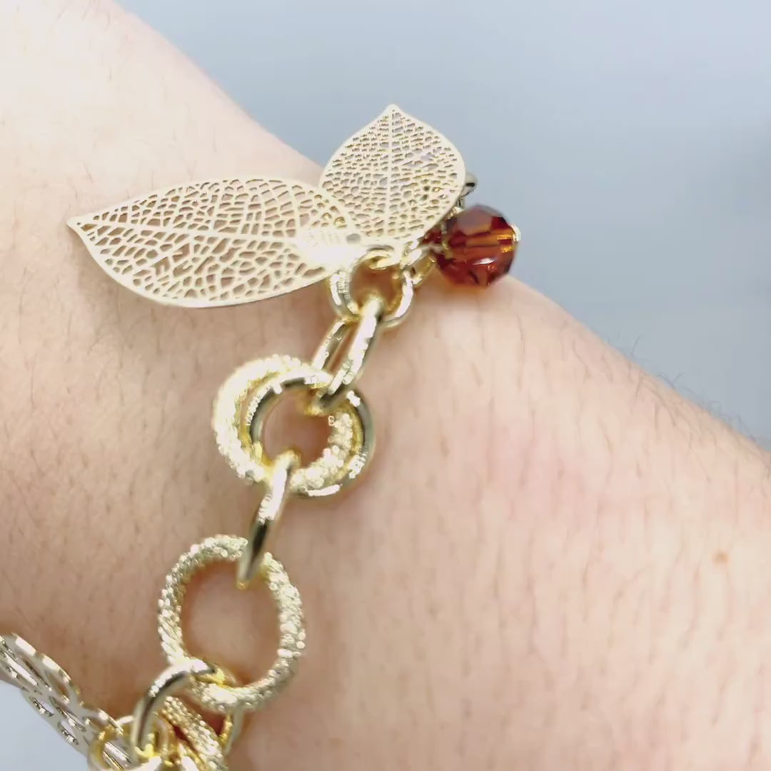 18k Gold Filled Leaves, Flower, Heart, Flip Flop With CZ and Beads in Texturized Link Bracelet, Wholesale Jewelry Making Supplies