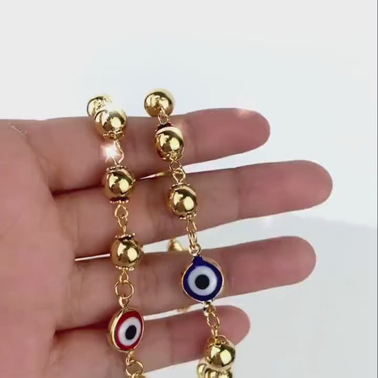 18k Gold Filled, Fancy Blue or Red Greek Eyes, Gold Beads Bracelet, Wholesale Jewelry Supplies