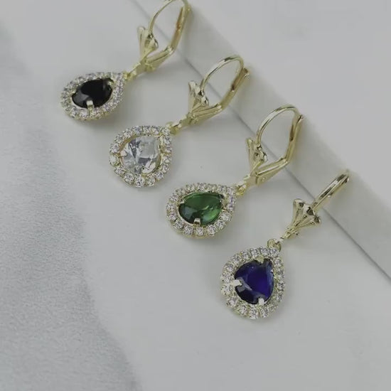 18k Gold Filled Cubic Zirconia Teardrop Dangle Earrings, White, Navy Blue, Green or Black, Wholesale Jewelry Making Supplies