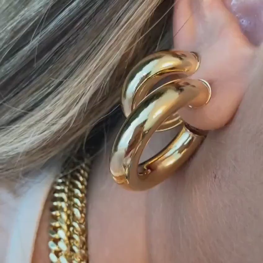 18k Gold Filled Donut Tubular Open Hoop Earrings 35mm, 30mm, 25mm, C-Hoops Push Back Closure Wholesale Jewelry Supplies