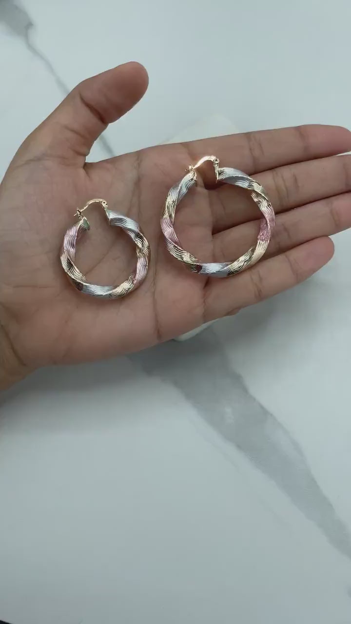 18k Gold Filled 35mm or 45mm Tri-Tone, Tri-Color, Gold Silver Pink, Twisted Design Hoops Earrings, Wholesale Jewelry Making Supplies