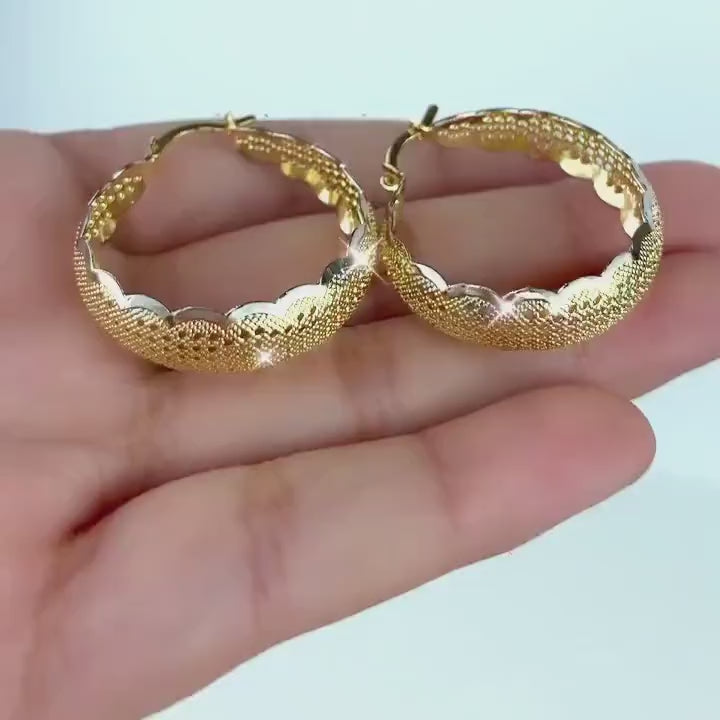 18k Gold Filled 27mm Hoop Earrings, Two Tone with Lace Texture, Wholesale Jewelry Making Supplies