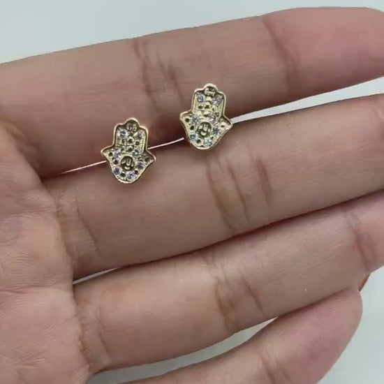 18k Gold Filled Cubic Zirconia Hamsa Hand Shape Design Stud Earrings, Lucky & Protection Jewelry, Wholesale Jewelry Making Supplies