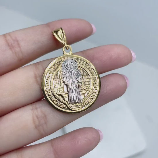 18k Gold Filled, Two Tone Saint Benedict Reversible Medal Pendant Charms, Catholic Roman Protection, Wholesale Jewelry Making Supplies