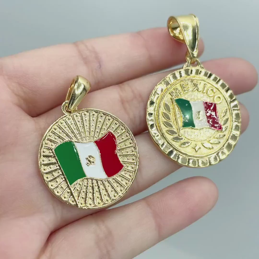 18k Gold Filled Texturized Mexico Flag Colored Medal Pendant Charms, Only Flag or Flag with Name, Wholesale Jewelry Making Supplies