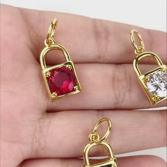 18k Gold Filled, Cubic Zirconia Red, Clear or Purple Lock Pendant Charms Wholesale Jewelry Making Supplies