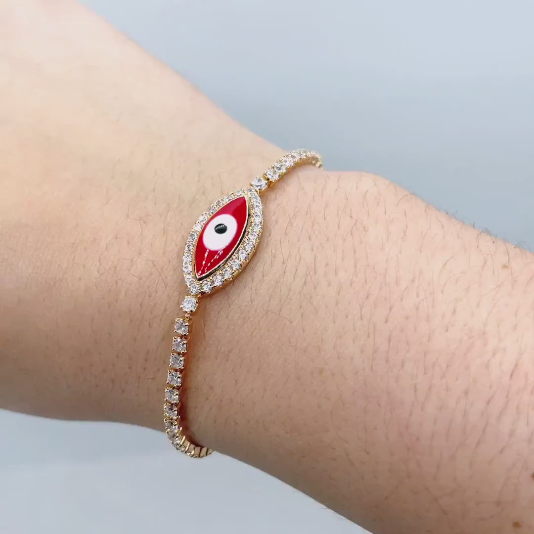 18k Gold Filled 1mm Box Chain, Red Enamel & Cubic Zirconia Evil Eye Shape Charm, Adjustable Bracelet, Wholesale Jewelry Making Supplies