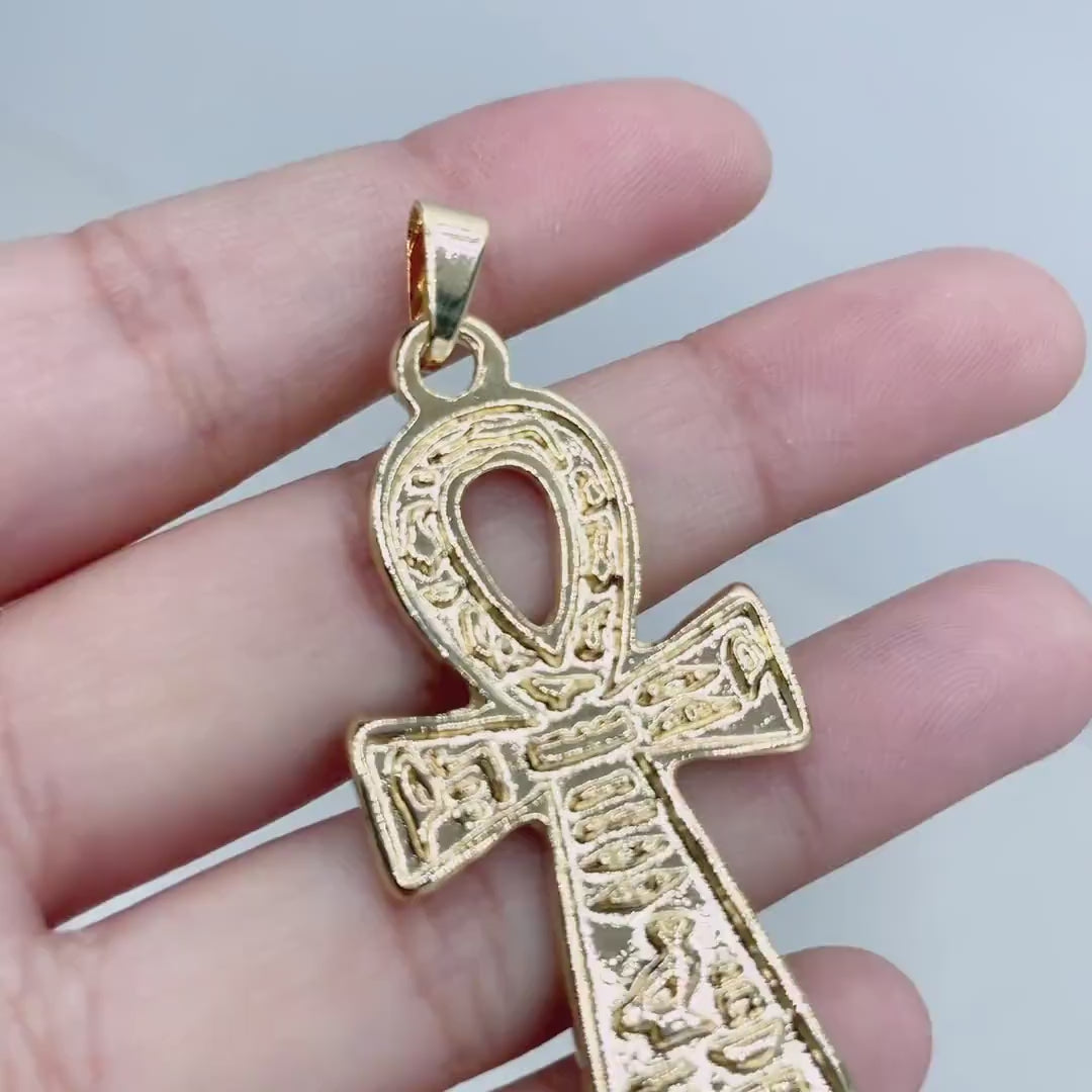 18k Gold Filled Texturized Helloice Egyptian Talisman Ankh Cross with hieroglyphs Charms Pendant, Wholesale Jewelry Making Supplies