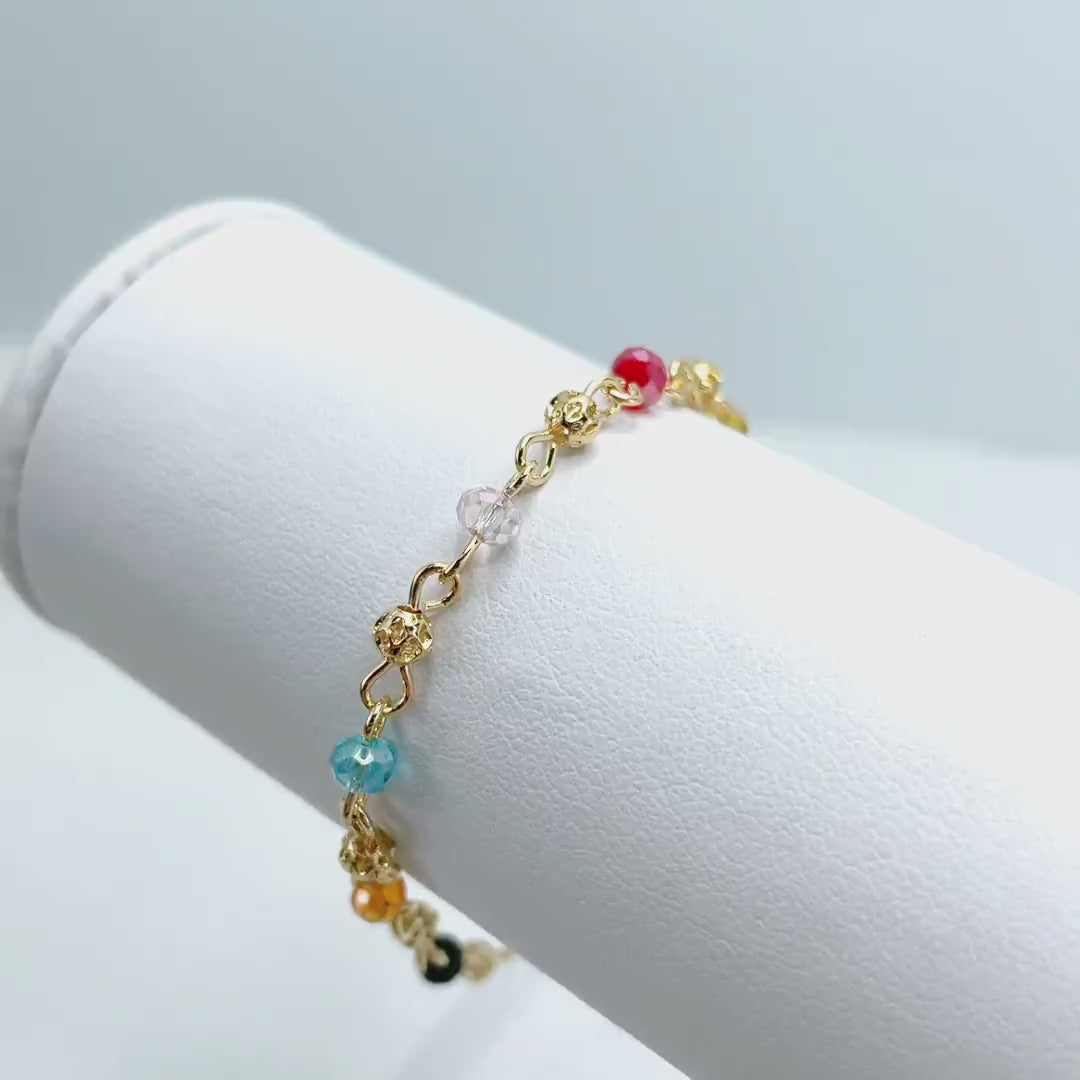 18k Gold Filled 3mm Colored Acrylic and Gold Beads Linked Bracelet with extender, Wholesale Jewelry Making Supplies