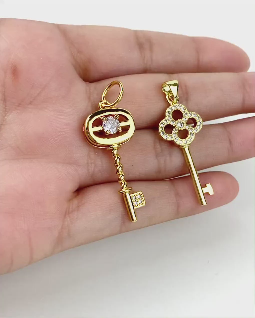 18k Gold Filled Cubic Zirconia Key, Vintage Style, Oval or Clover, Pendant Charms Wholesale Jewelry Making Supplies