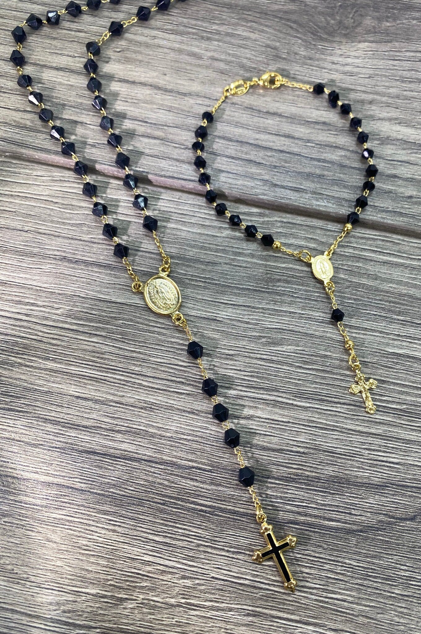Fashion Rosary In 18k Gold Filled Featuring Black Beads Our Lady of Guadalupe (Virgen de Guadalupe) And Cross Wholesale Jewelry Supplies