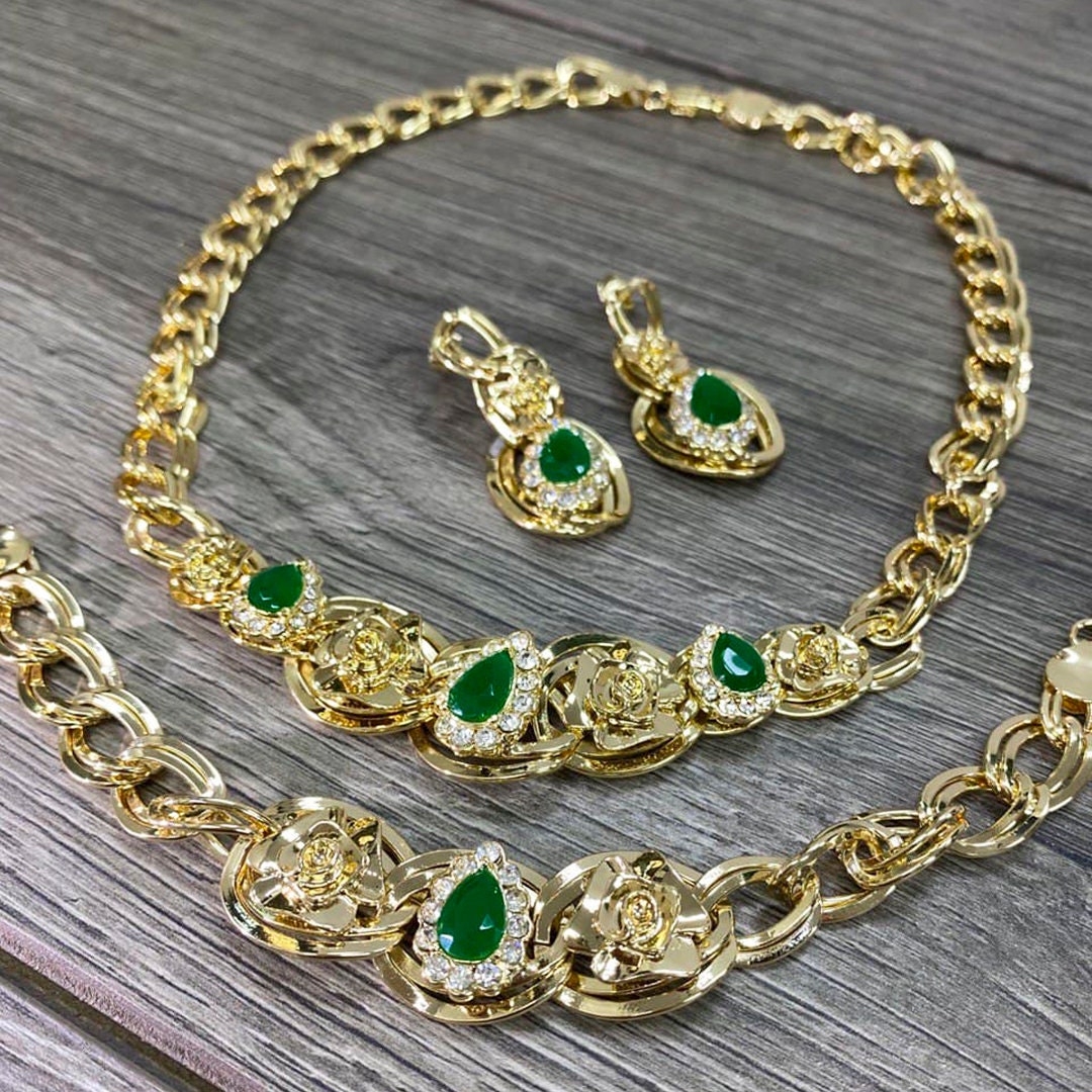 18k Gold Filled Fancy Green, Red or Black Stone, Necklace and Bracelet  Set (03 Pieces) Wholesale Jewelry Making  Supplies
