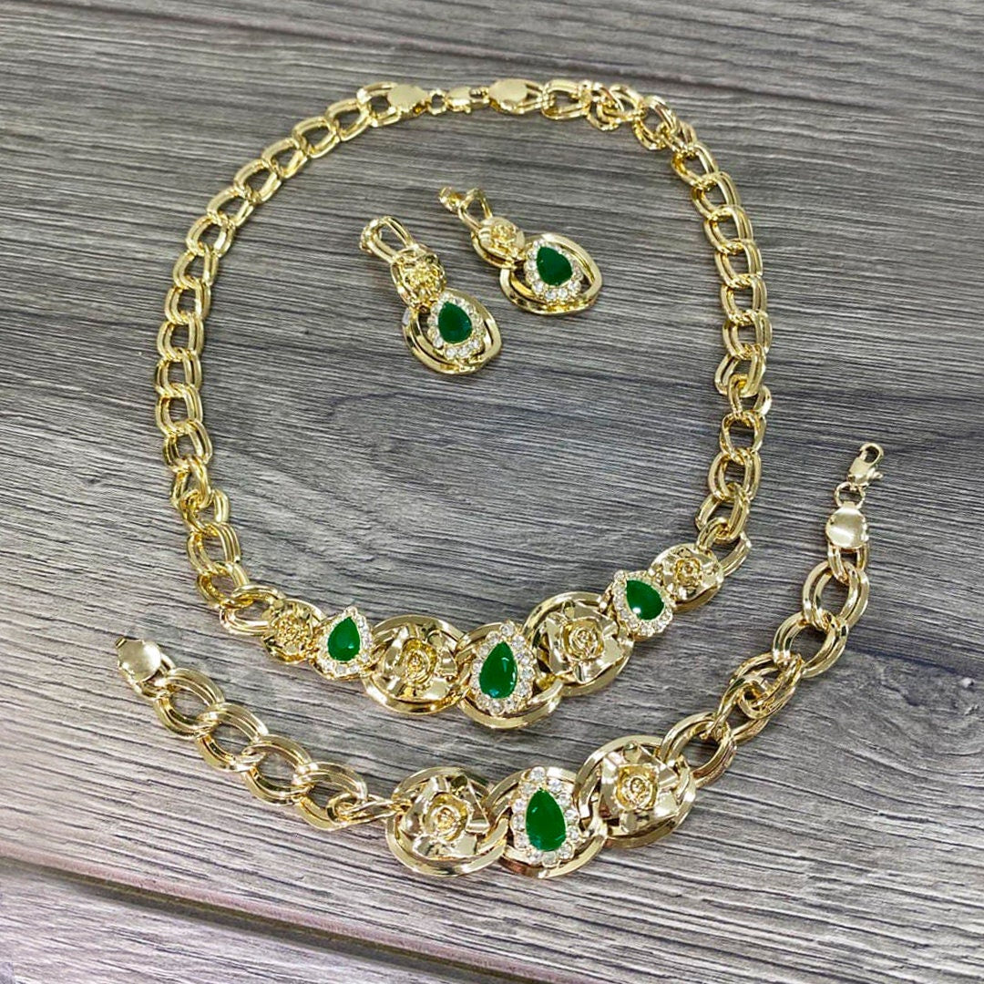 18k Gold Filled Fancy Green, Red or Black Stone, Necklace and Bracelet  Set (03 Pieces) Wholesale Jewelry Making  Supplies