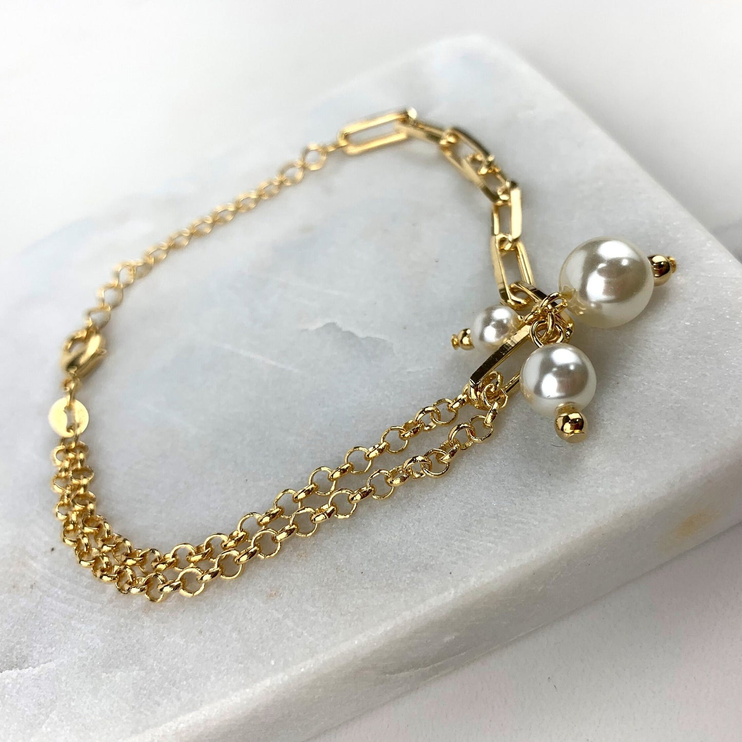 18k Gold Filled Bracelet or Necklace with Paper Clip Chain, Rolo Link Chain, Three White Plastic Simulated Pearls Wholesale Jewelry Supplies