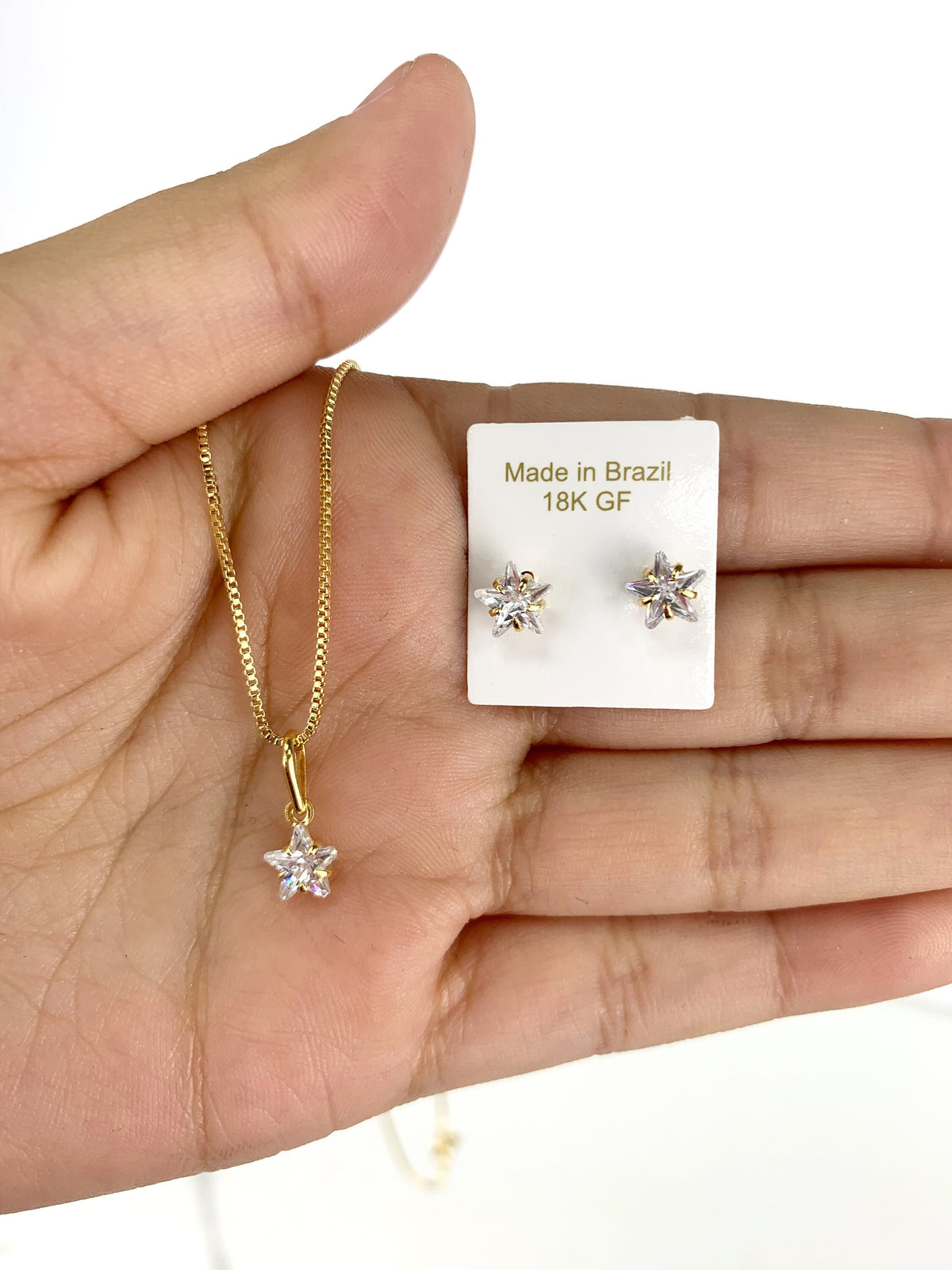 18k Gold Filled 1mm Box Chain with Pettie Clear Cubic Zirconia Star Shape Design Charm & Earrings Set, Wholesale Jewelry Making Supplies