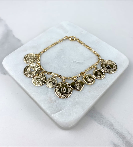 18k Gold Filled Religious Coins Charms Bracelet, St Augustine, Dove, Lady of Guadalupe, Lady of Miracles, Our Father Prayer, Wholesale