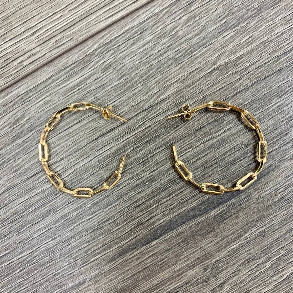 18k Gold Filled Fancy 28mm Paperclip Hoop Earrings, C-Hoop, Push Back Closure, Wholesale Jewelry Supplies