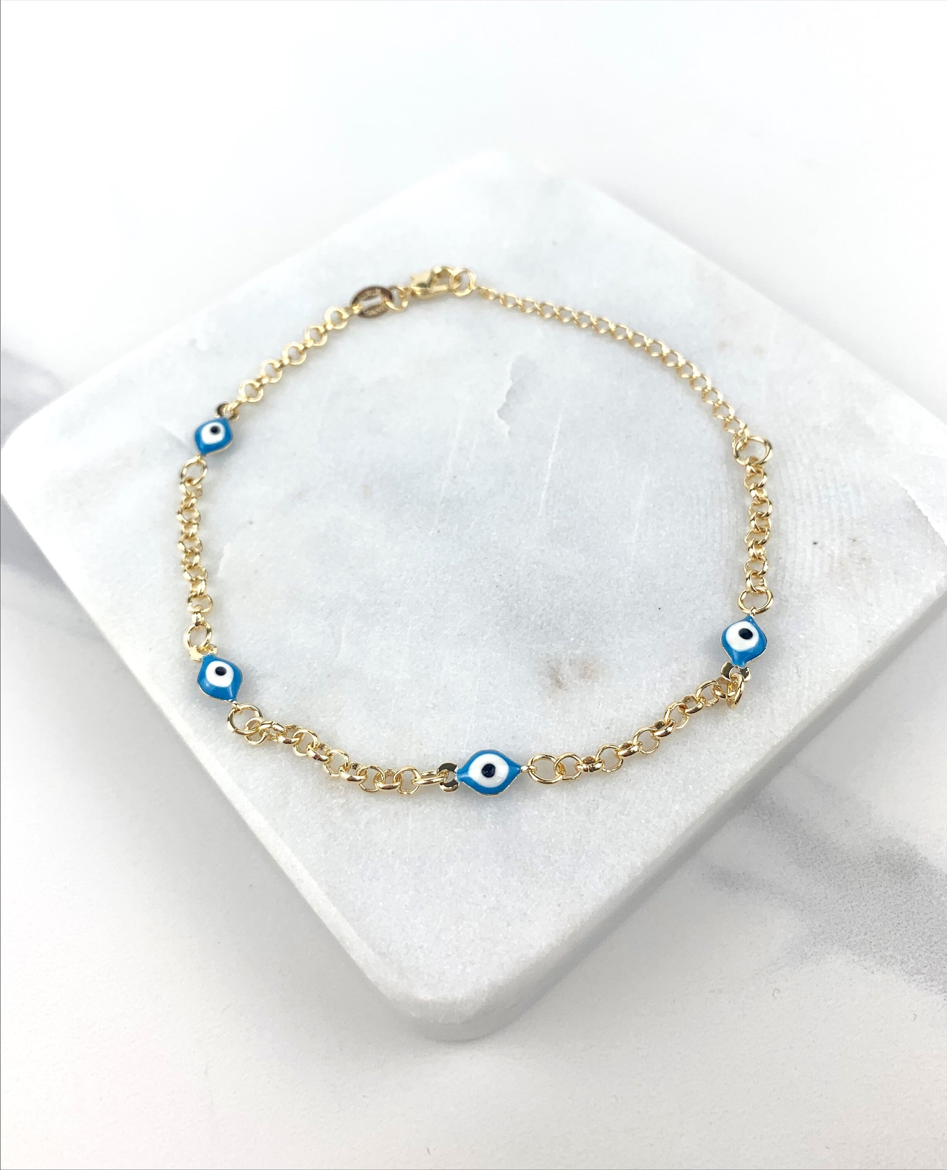 18k Gold Filled Curb Link Chain with Evil Eye Charms Red or Blue, Linked Lucky & Protection Bracelet Wholesale Jewelry Making Supplies
