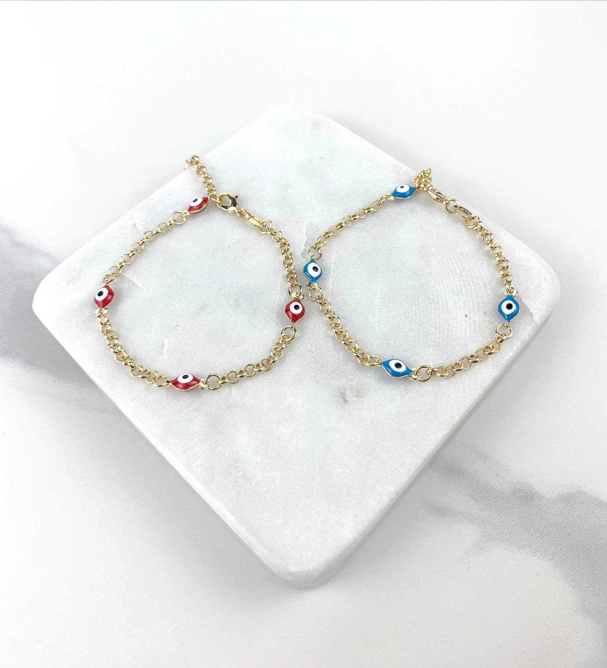 18k Gold Filled Curb Link Chain with Evil Eye Charms Red or Blue, Linked Lucky & Protection Bracelet Wholesale Jewelry Making Supplies