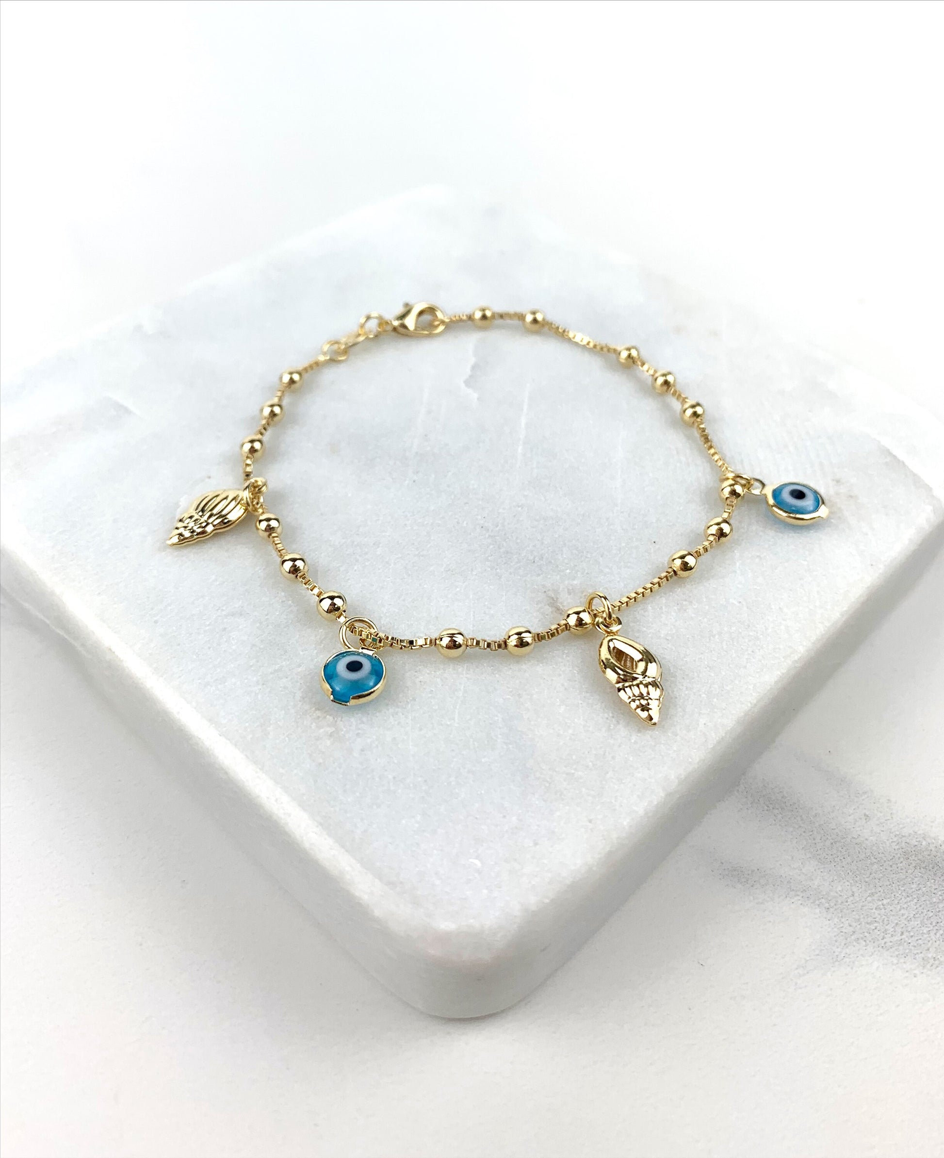 18k Gold Filled Box Link, Satellite Link, Fancy Blue Greek Eyes Bracelet Snails Wholesale and Jewelry Supplies