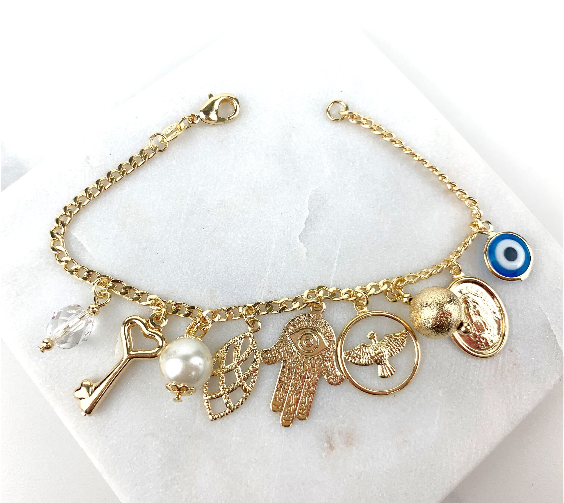 18k Gold Filled Curb Link Chain with Evil Eyes, Hansa Hand, Key, Pearl, Dove, Guadalupe Virgen, Leaf Charms, Bracelet Wholesale Jewelry