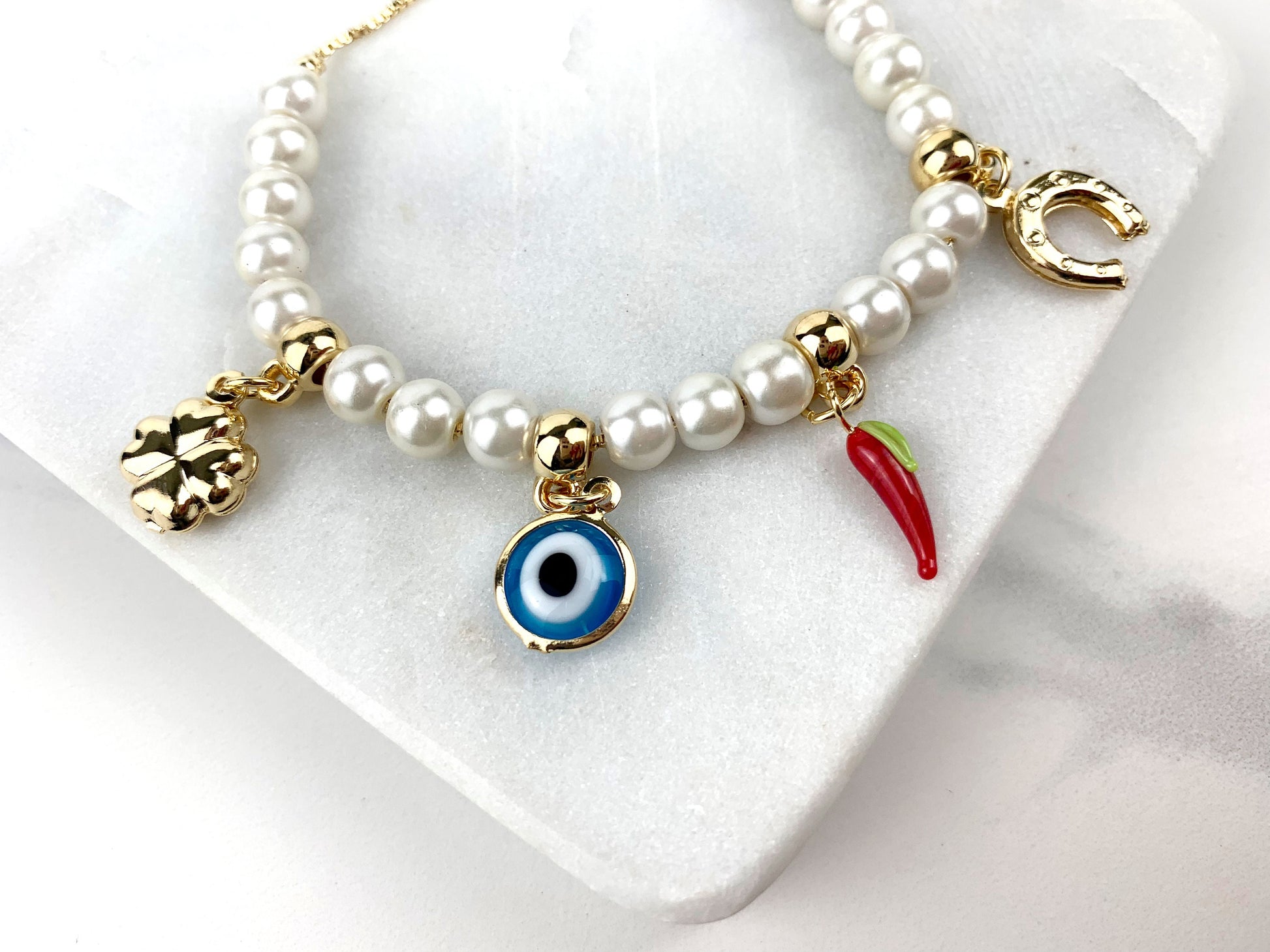 18k Gold Filled Fancy White Pearls, Greek Eyes Lucky Bracelet Wholesale Jewelry Supplies