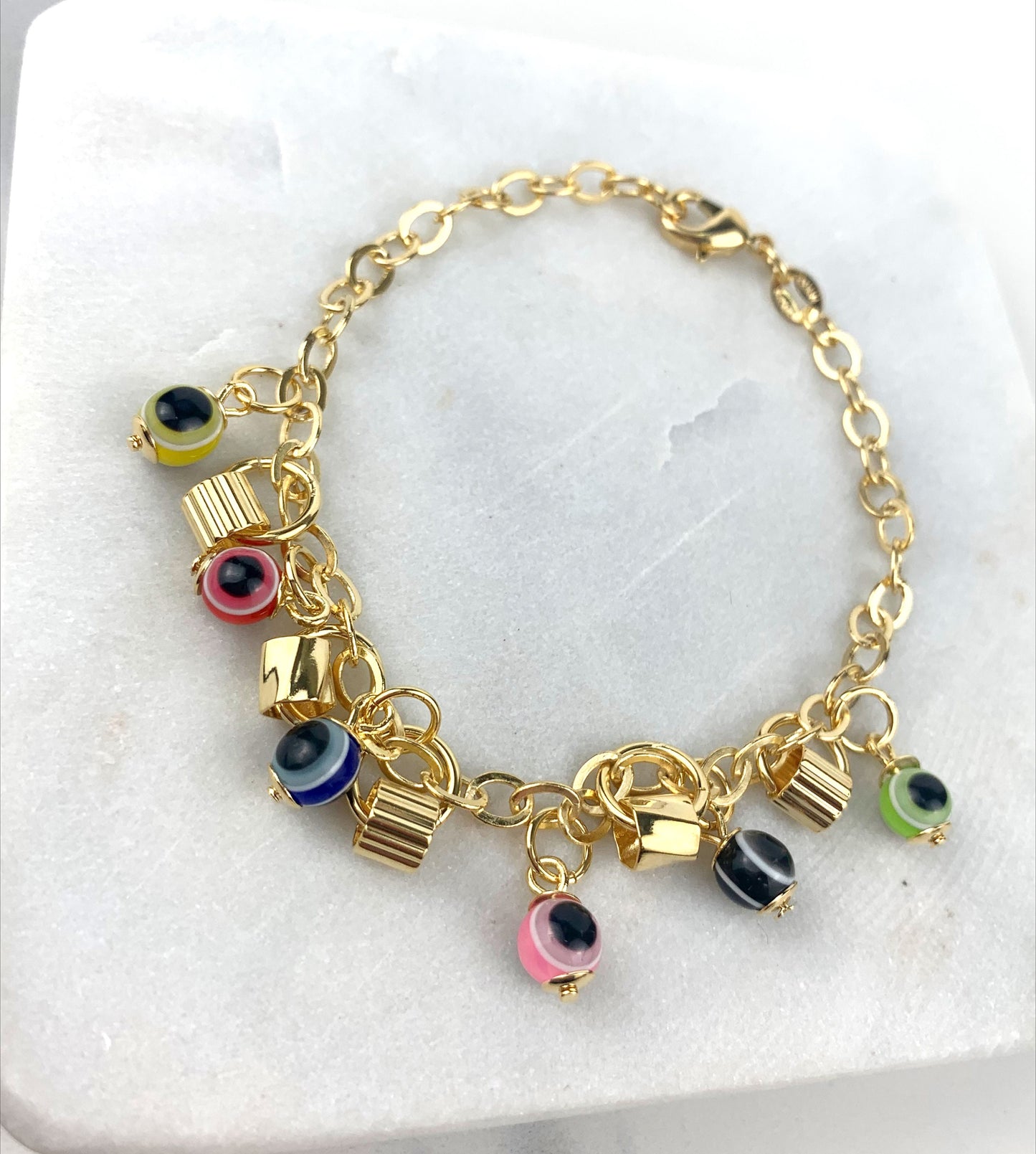 18k Gold Filled Fancy Linked Rolo Link chain Greek Eyes Colorful Bracelet Wholesale Jewelry Supplies