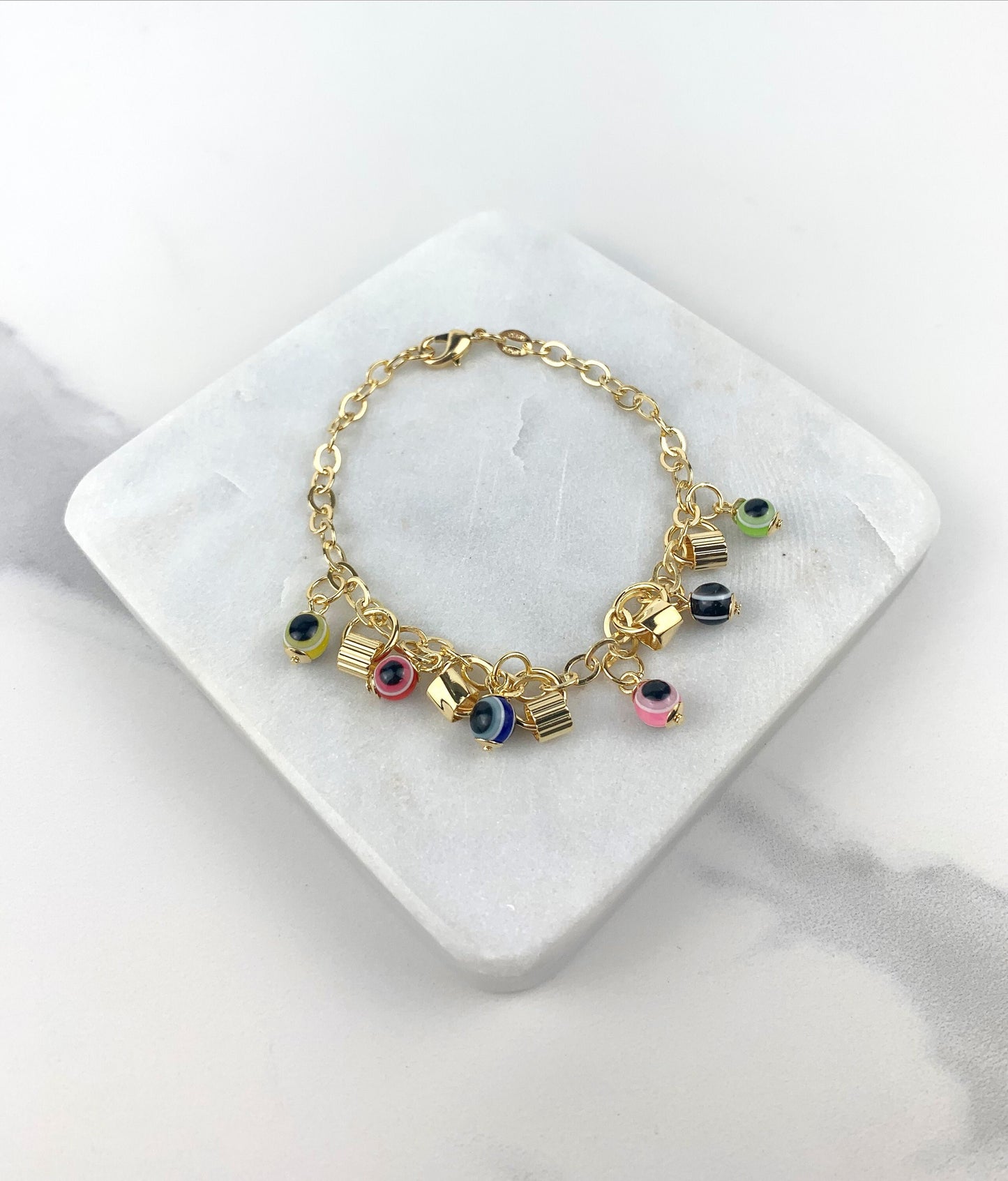 18k Gold Filled Fancy Linked Rolo Link chain Greek Eyes Colorful Bracelet Wholesale Jewelry Supplies