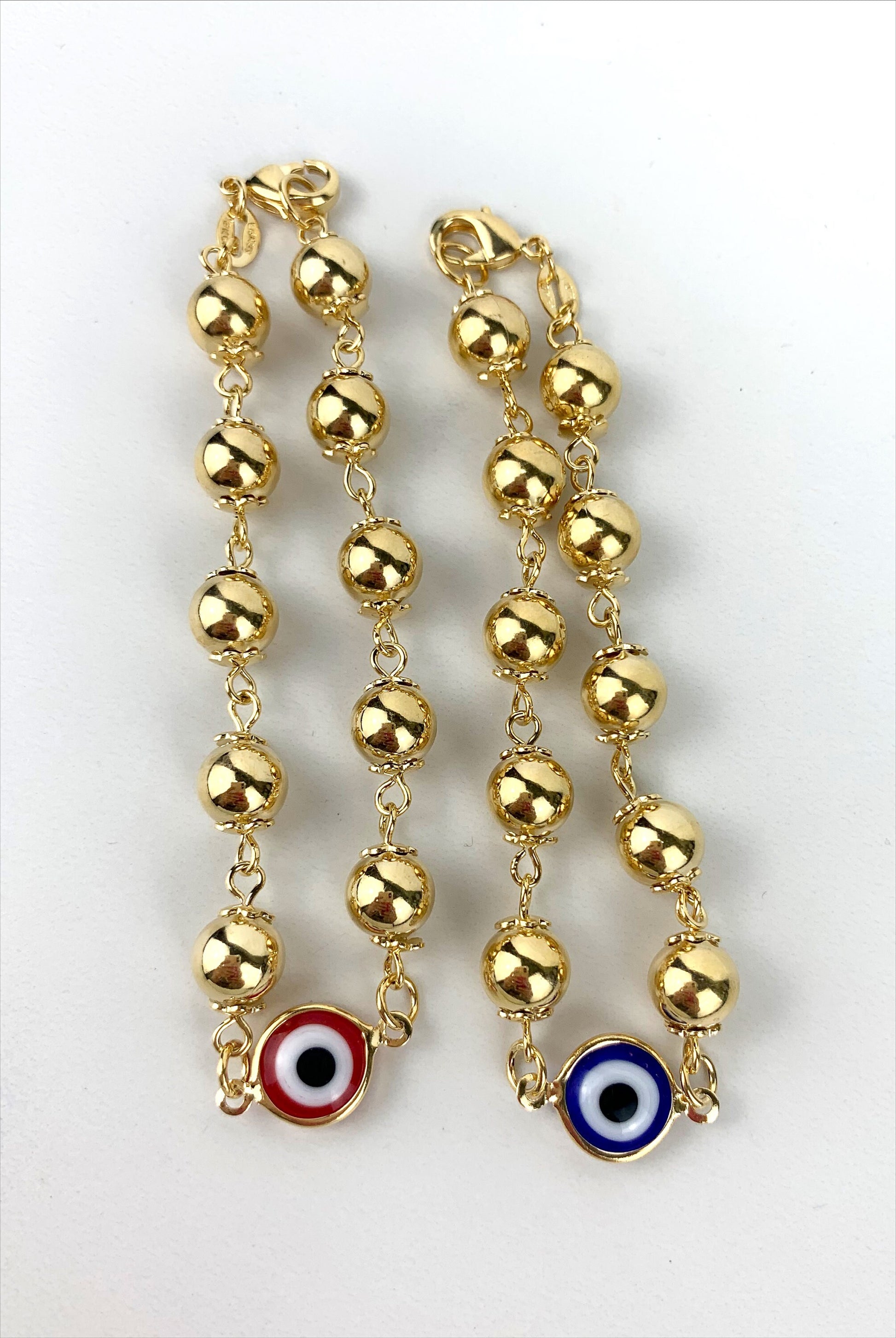 18k Gold Filled, Fancy Blue or Red Greek Eyes, Gold Beads Bracelet, Wholesale Jewelry Supplies