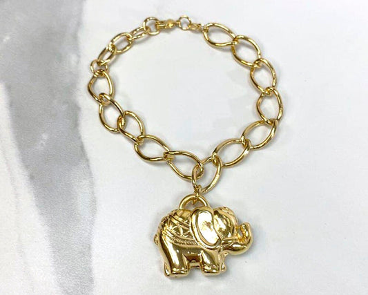 18k Gold Filled Curb Link Chain with Puffed Puff 3D Indian Elephant Design Charms Bracelet, Wholesale Jewelry Making Supplies