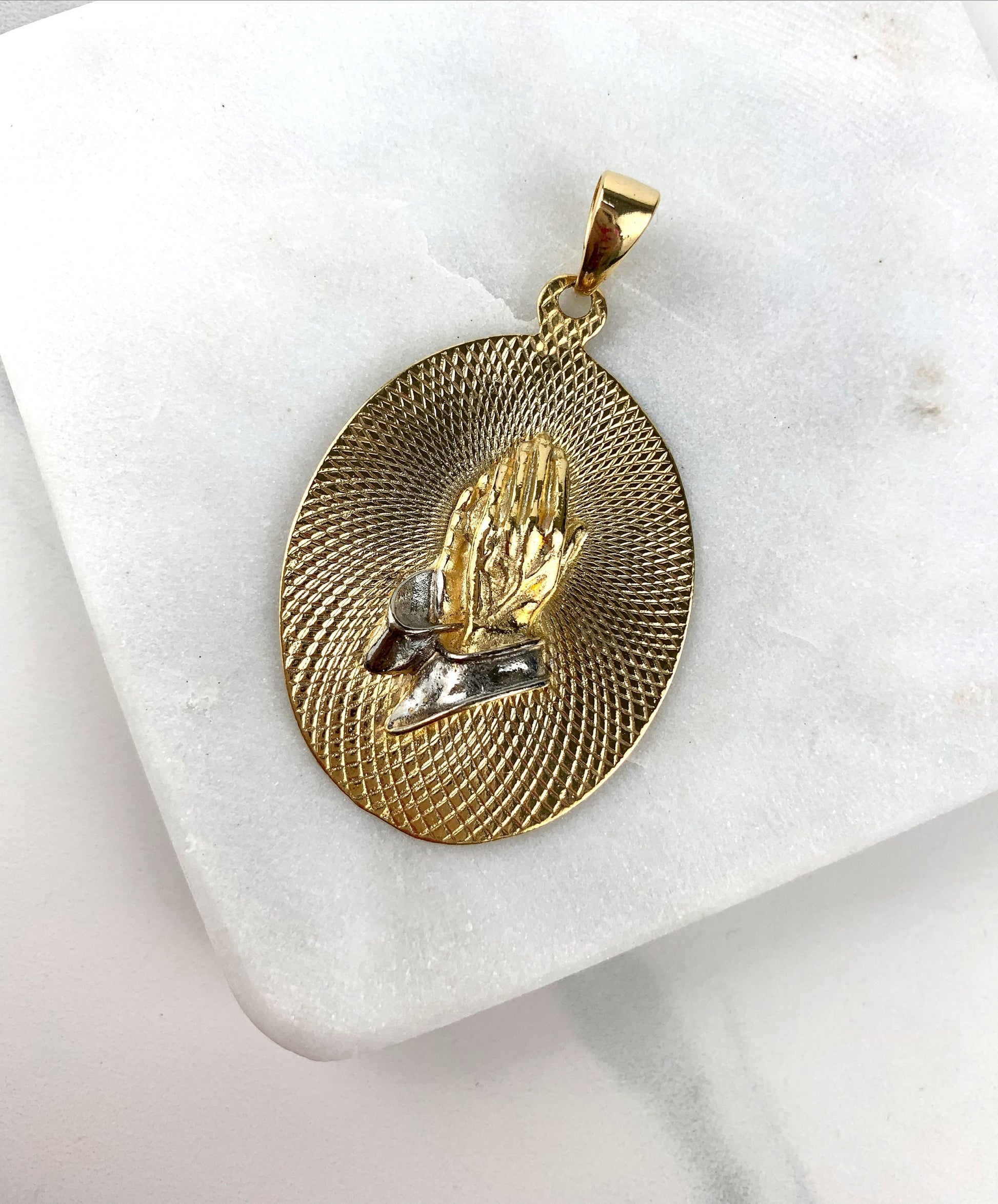 18k Gold Filled and White Filled Praying God Hands Oval Charm Wholesale Jewelry Supplies