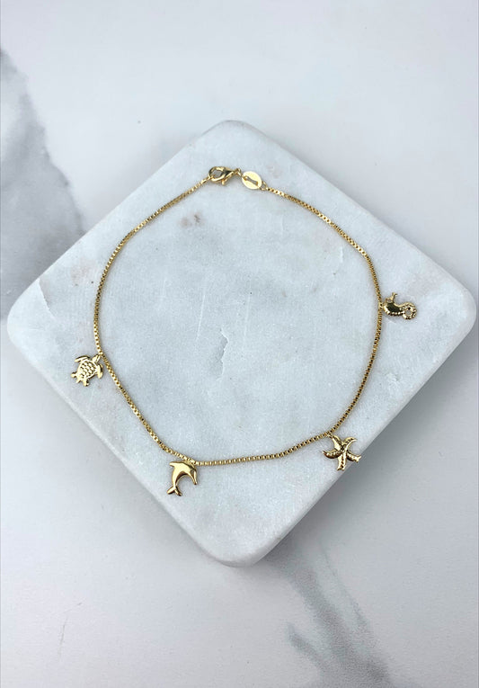 18k Gold Filled 1mm Box Chain Sea Charms Anklet Wholesale Jewelry Supplies