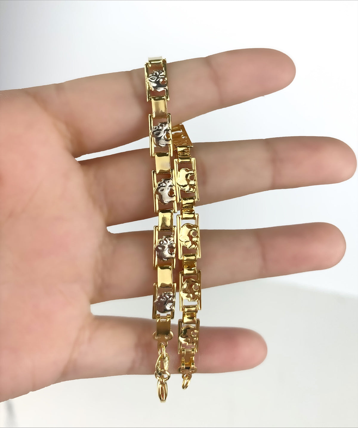 18k Gold Filled Tow Tone Linked Elephants Bracelet, Lucky & Protection, Wholesale Jewelry Making Supplies