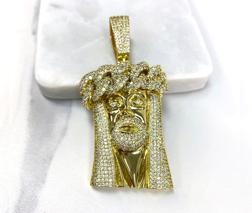 18k Gold Filled Puffed Jesus Christ Face Pendant featuring with Micro Cubic Zirconia, Men's Jewelry, Wholesale Jewelry Making Supplies