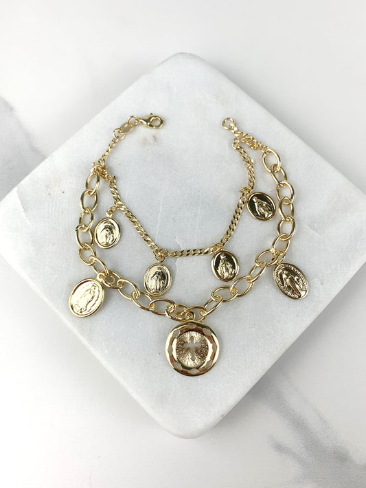 18k Gold Filled Curb Link  Religious (Guadalupe Virgin, Cross, Maria Virgin) Double Bracelet, Wholesale Jewelry Supplies