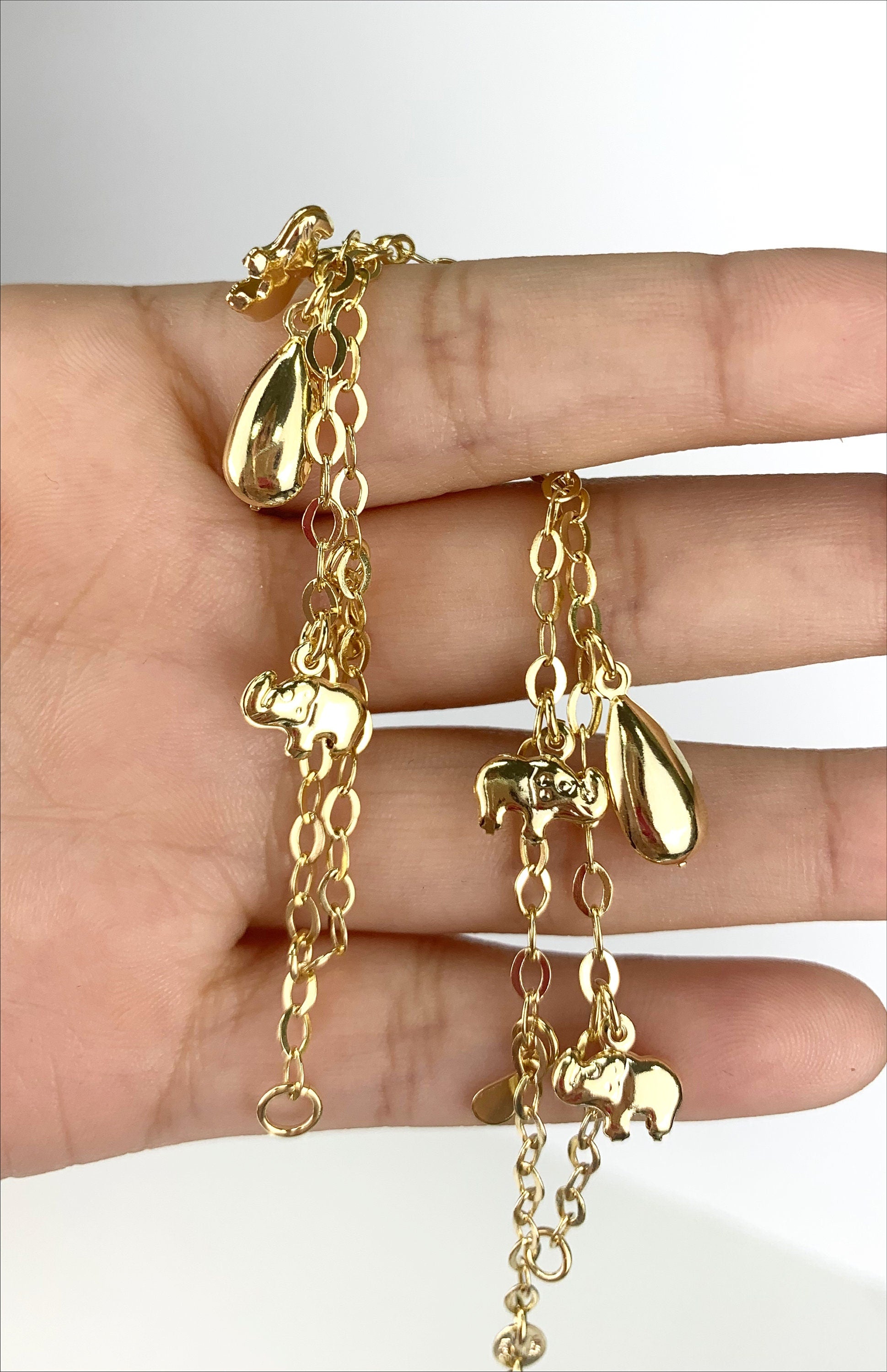 18k Gold Filled Double Chains, Elephants and Teardrops Charms Double Bracelet Wholesale  Jewelry Supplies