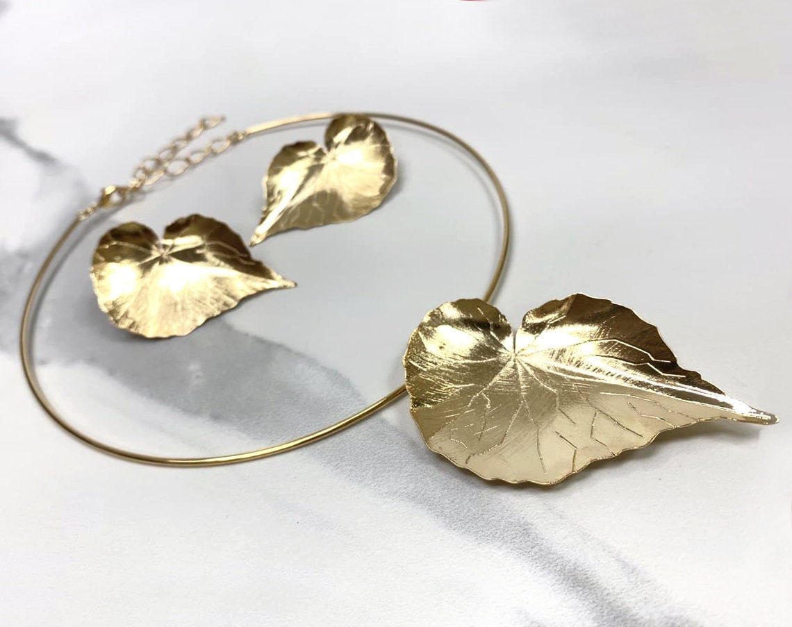18k Gold Filled Fancy Leaf Chain Choker and Earrings Wholesale Jewelry Supplies