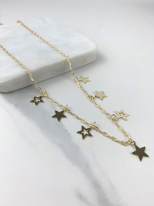 18k Gold Filled 2mm Paperclip Chain with Stars Charms Necklace or Bracelet, Jewelry Set, Wholesale Jewelry Making Supplies