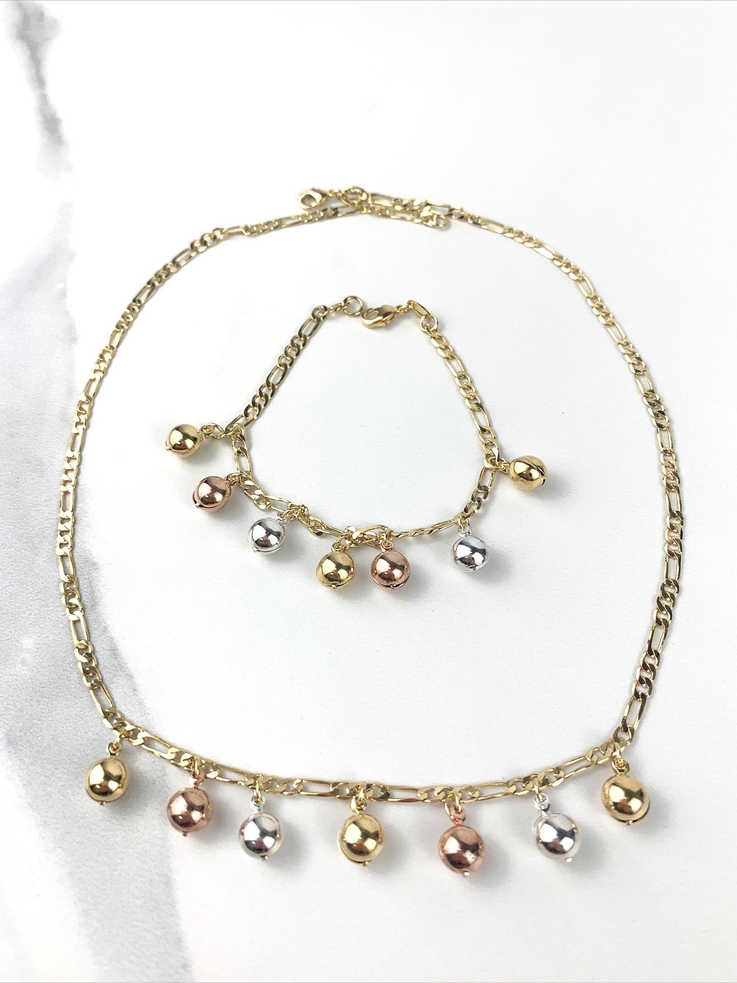 18k Gold Filled, Tinkle Bell Choker and Bracelet There Tones Gold, White Gold and Pink Gold Wholesale Jewelry Supplies