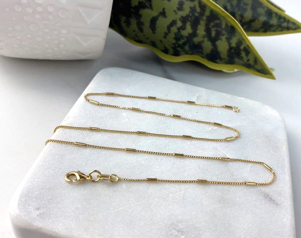 18k Gold Filled Fancy Bar Box Chain 1mm Thickness Link Necklace 18 inches Length, Wholesale Jewelry Making Supplies