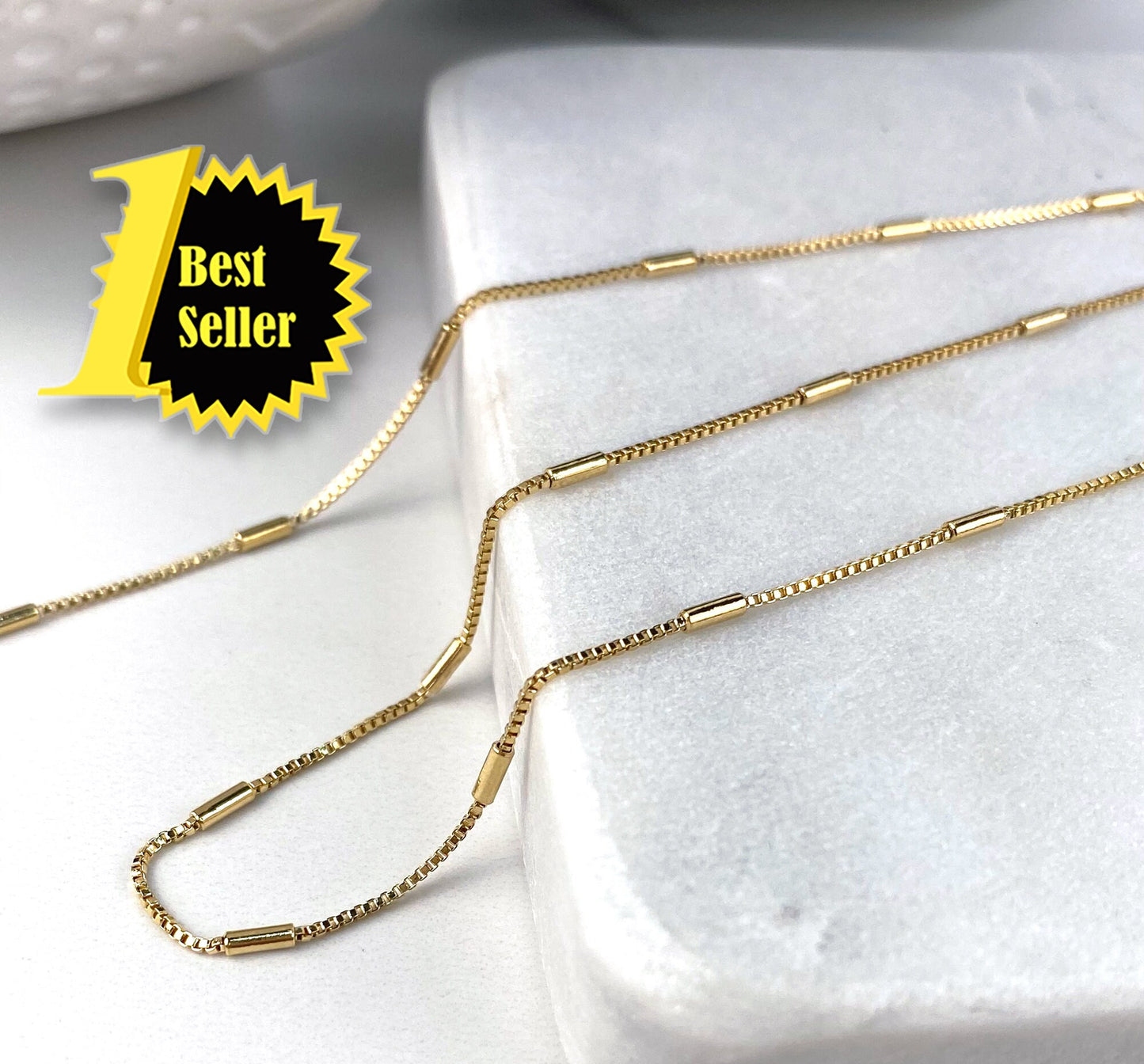 18k Gold Filled Fancy Bar Box Chain 1mm Thickness Link Necklace 18 inches Length, Wholesale Jewelry Making Supplies