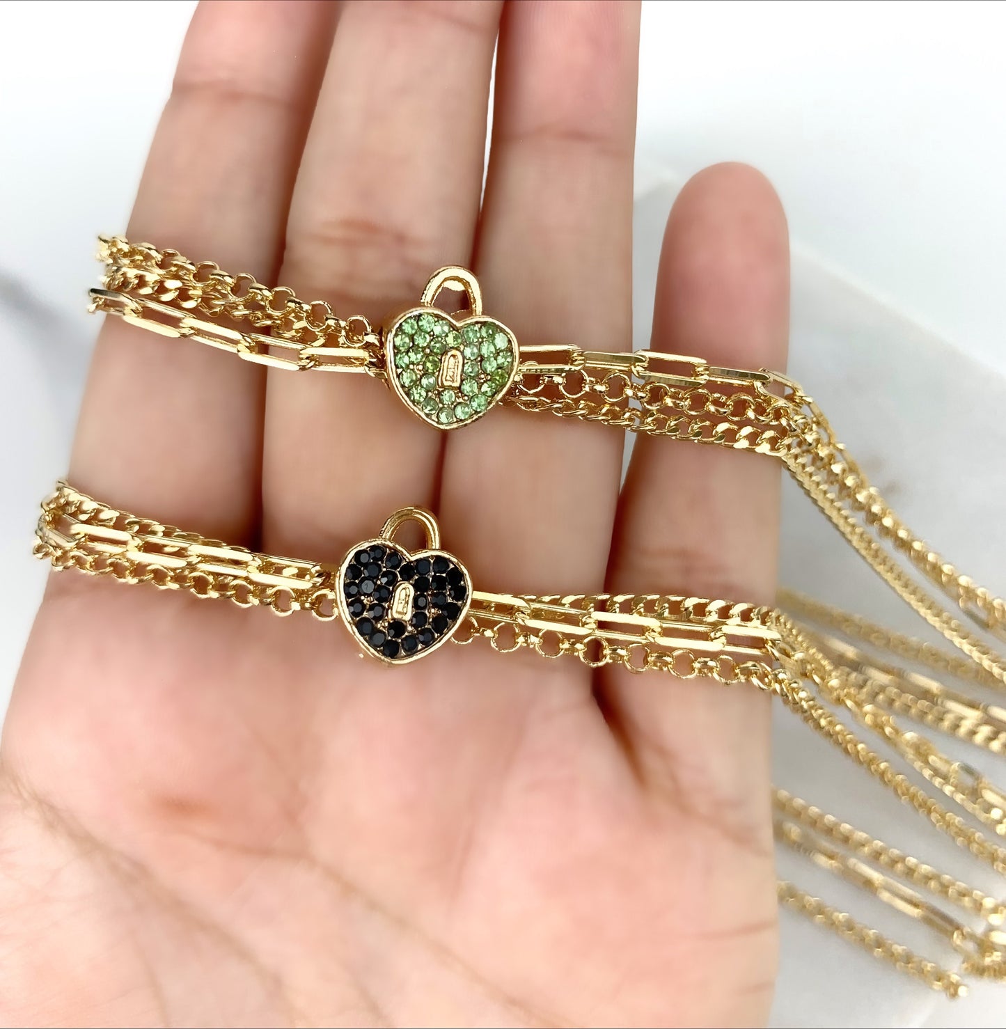 18k Gold Filled with CZ Tiny Black and Green Lock Pendant,PaperClip,Cuban Link, Round Box Necklace Choker For Wholesale and Jewelry Supplies