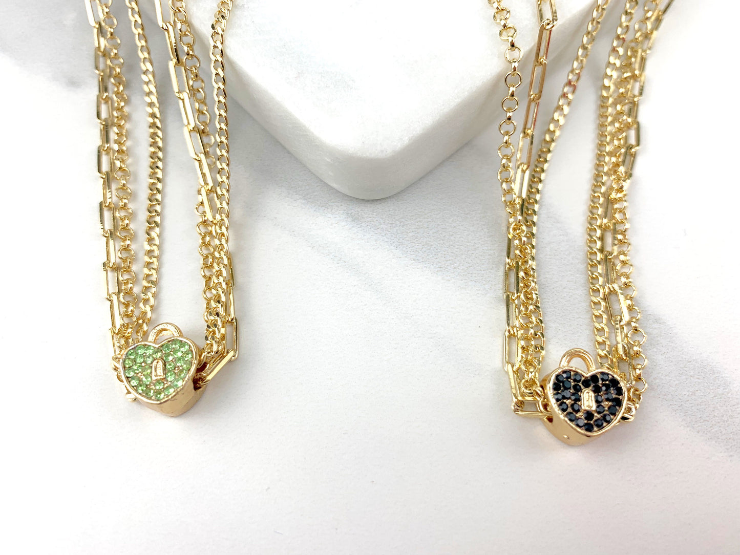 18k Gold Filled with CZ Tiny Black and Green Lock Pendant,PaperClip,Cuban Link, Round Box Necklace Choker For Wholesale and Jewelry Supplies
