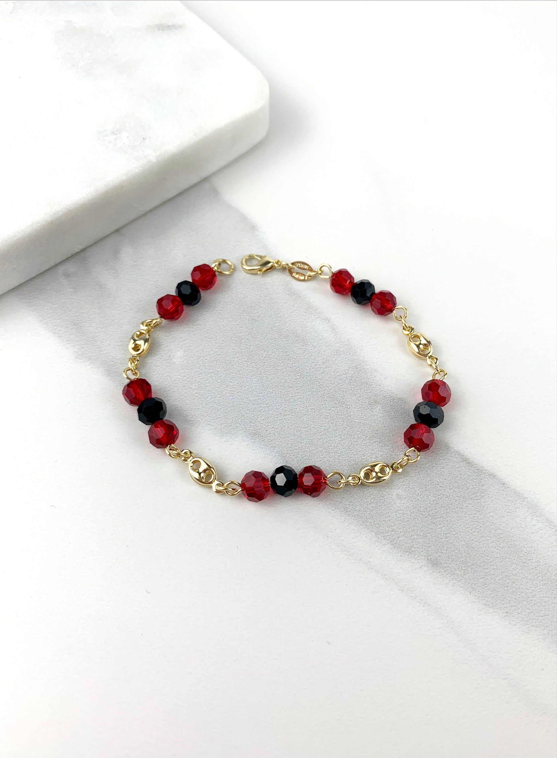 18k Gold Filled Fancy Chunky Link Mariner Chain Linked with Black & Red Beads, Necklace, Bracelet or Earrings, Wholesale Jewelry Supplies